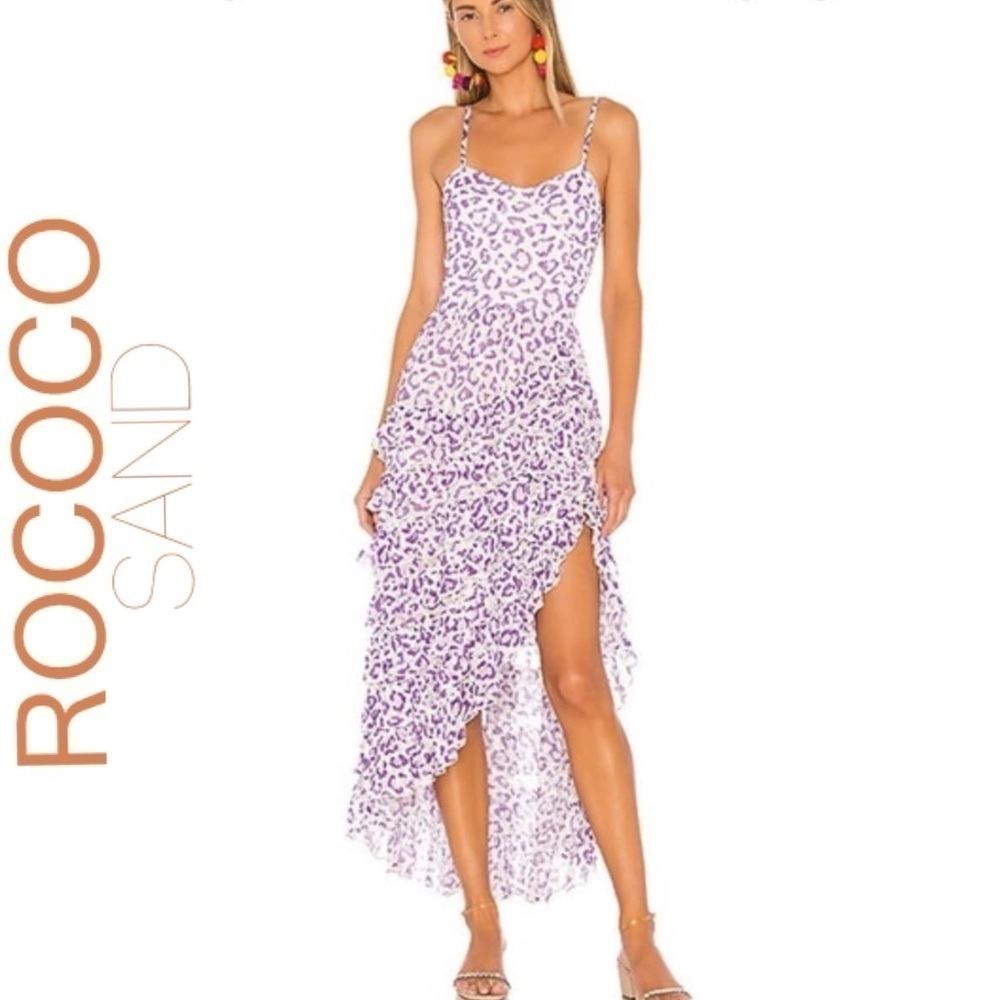 Rococo Sand Avana Midi ruffled corset dress, high low hem, leopard print, sz M